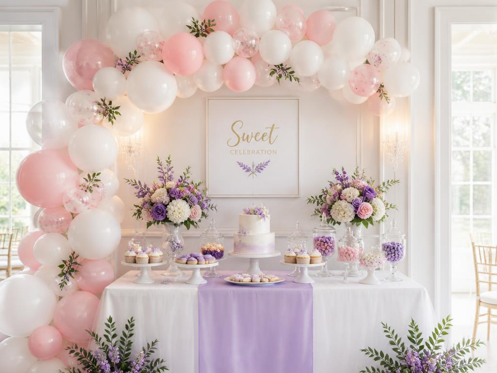Pink, white and purple balloon garland over a dessert table